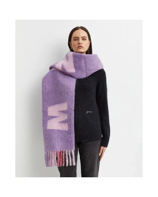 Marni Accessoires ,Paars ,Wol Paarse Sjaal Met Franjes En Logo in het Purple