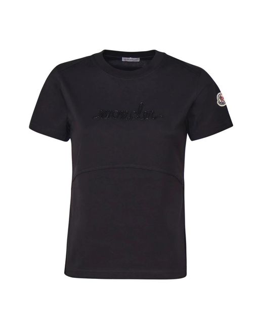 Moncler Tops ,Zwart ,Katoen Zwart T-Shirt Van Katoen Met Kralenlogo in het Black