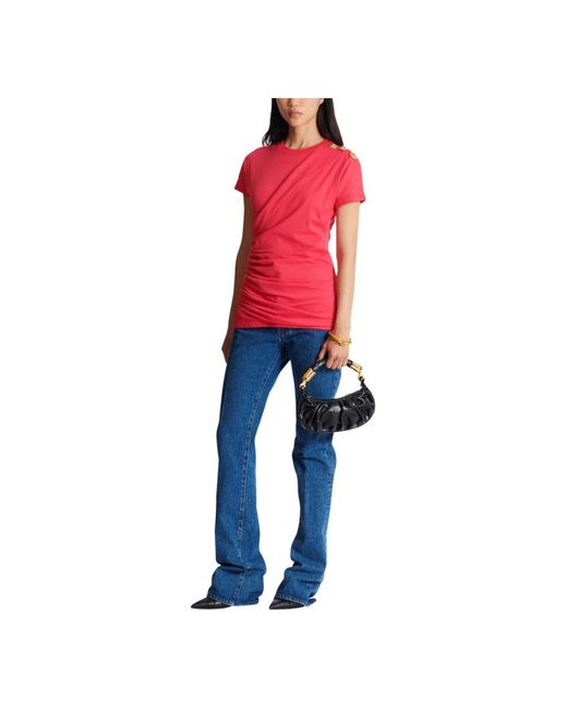 Balmain Tops ,Roze ,Katoen Geplooide T-Shirt Met Knopen in het Pink