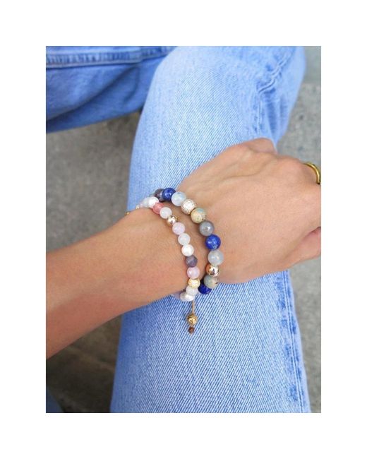 Nialaya Metallic `s beaded bracelet with aquamarine, amethyst lavender, cherry quartz, pearls and botswana agate