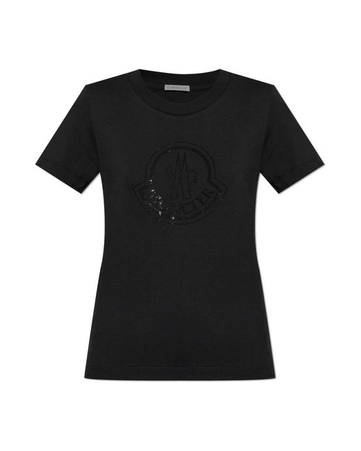 Moncler Tops ,Zwart ,Katoen T-Shirt Met Logo in het Black