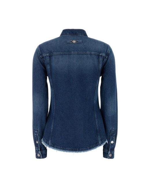 Versace Blue Denim Gewaschenes Blaues Hemd Mit Fransenkante