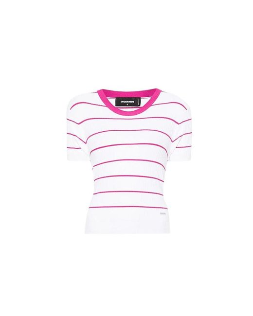 DSquared² Tops ,Wit ,Polyester Short-Sleeve Ribbed Sweater in het White