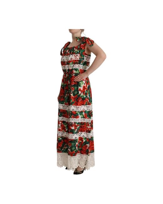 Dolce & Gabbana Brown Dolce Gabbana Geranium Print Lace Long Maxi Dress