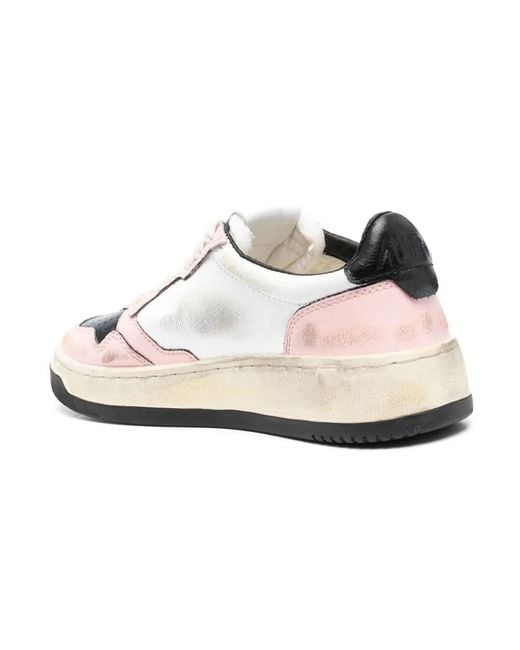 Autry White Vintage low leder sneakers in weiß/schwarz/rosa