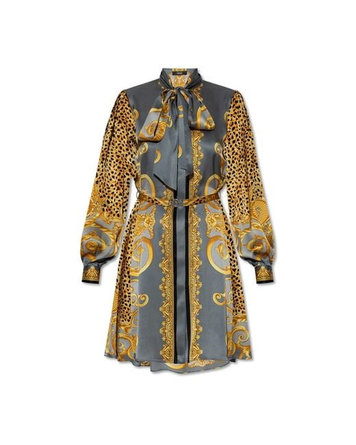 Versace Zijden Jurk Met Taille Riem in het Multicolor