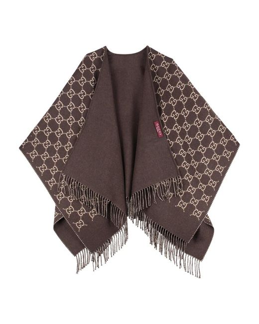 Gucci Jassen ,Bruin ,Wol Wollen Jacquard Cape Met Franje in het Brown