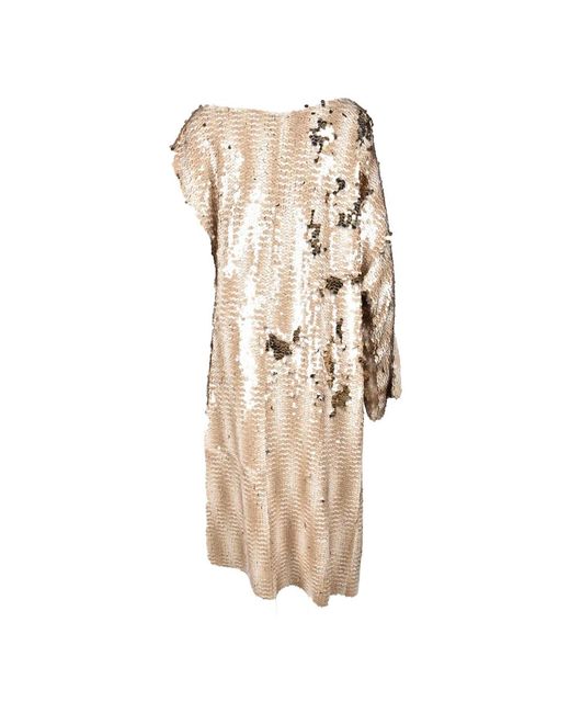 Erika Cavallini Semi Couture Natural Pailletten Langes Kleid Mit Asymmetrischen Ärmeln