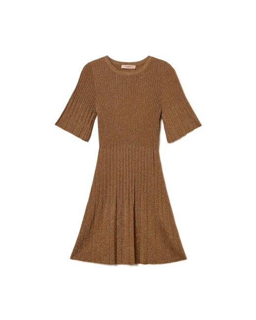 Twinset Kleedjes ,Bruin ,Lurex Gebreide Ribjurk in het Brown