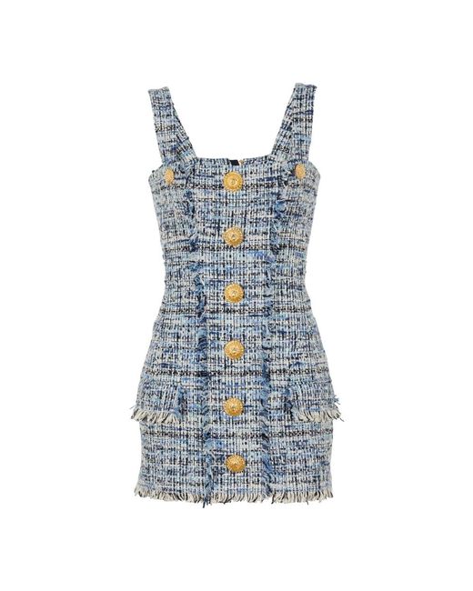 Balmain Korte Tweed Jurk Met Bandjes in het Blue