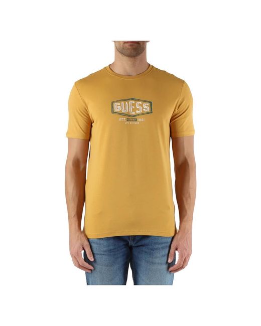 T-shirt slim fit in cotone stretch con logo di Guess in Natural da Uomo