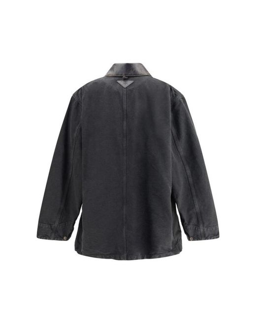 Prada Black Jeansjacke Mit Distressed Lederkragen