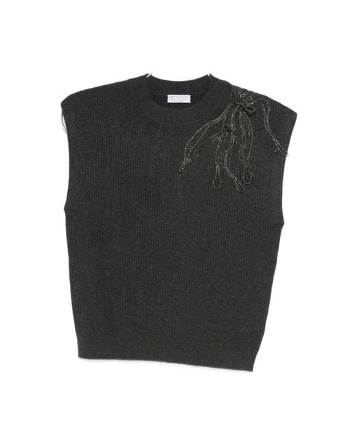 Brunello Cucinelli Black Ärmelloses Schwarzes Top Mit Schulterverzierung