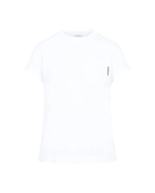 Brunello Cucinelli White Weißes t-shirt mit monili-tab-tasche