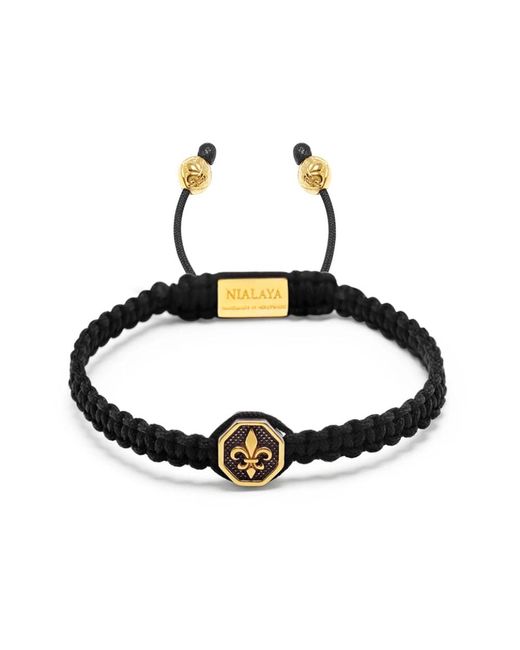 Nialaya 's black string bracelet with vintage gold fleur de lis charm für Herren