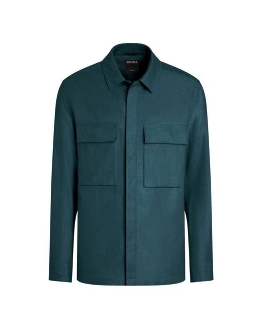 Zegna Blaues Leinenhemd Mit Knopfleiste in Green für Herren