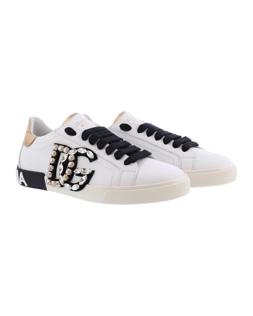 Dolce & Gabbana White Portofino Vintage Leder -Sneakers mit Strassstein DG