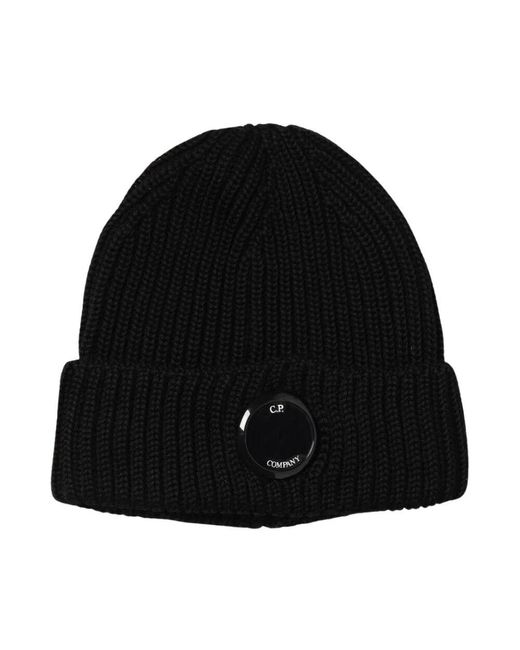 C P Company Blaue Rippstrickmütze Mit Linse in Black für Herren
