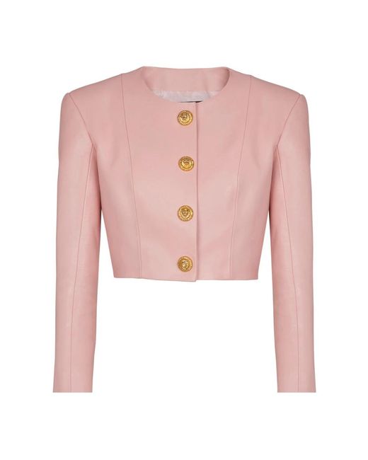 Balmain Lange Mouwen Jas Van Lamshuid Met Knopen En Cropped Pasvorm in het Pink