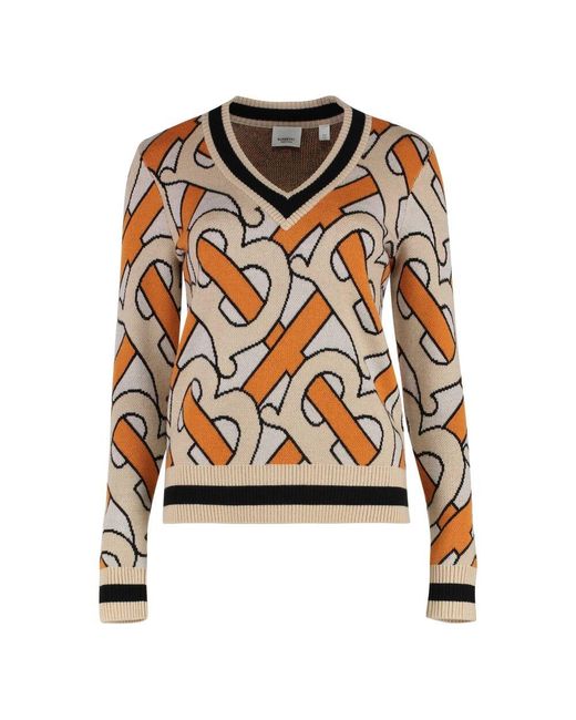 Burberry Multicolor Gerippter Strick V-Ausschnitt Wollpullover