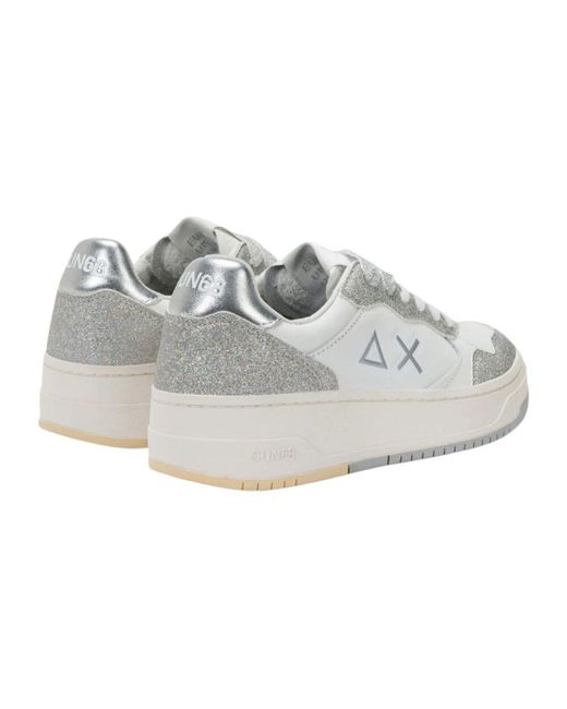 Sun 68 White Weiße Ledersneaker Mit Glitzerakzenten