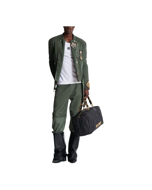 Balmain Green Denim Biker Jacket With Embroidered Patches for men