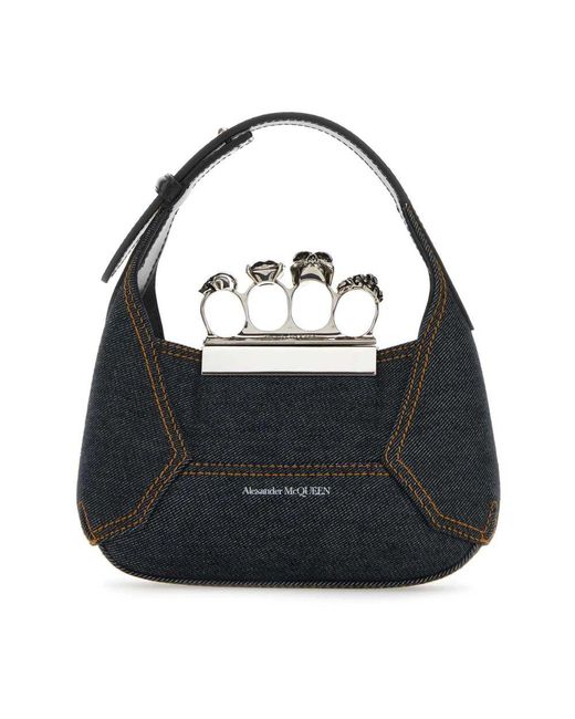 Alexander McQueen Black Denim Juwelen Hobo Handtasche