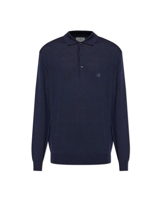 Etro Tops ,Blauw ,Wol Wollen Poloshirt Met Lange Mouwen in het Blue voor heren