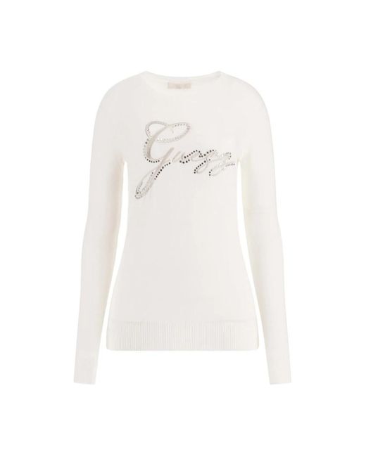 Guess White Rhinestone Logo Crewneck Sweater