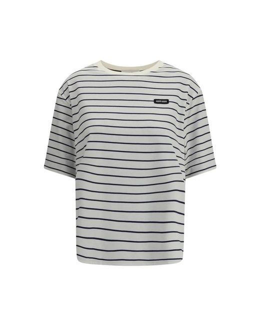 Miu Miu Gray Gestreiftes Baumwoll-T-Shirt Mit Logopatch