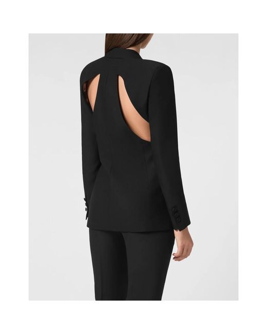 Philipp Plein Jassen ,Zwart ,Leer Envers Satin Cutting Fitted Blazer in het Black