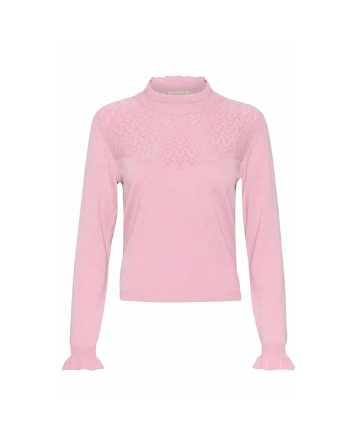 Cream Pink Cropped Ruffle-Trim Knit Turtleneck