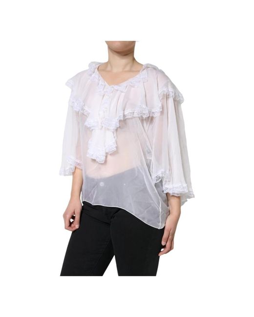 Dolce & Gabbana Overhemden ,Wit ,Nylon Witte Blouse Met Ruches En Kant in het Gray