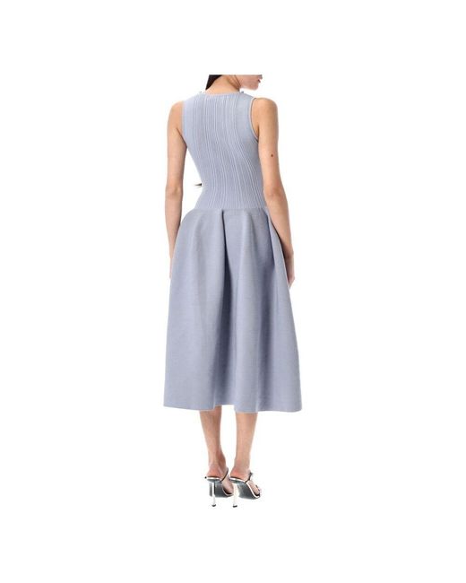Self-Portrait Blue Hellblaues Geripptes Strick-Midi-Kleid