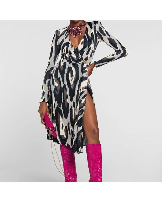 Roberto Cavalli Kleedjes ,Grijs ,Jaguar-Print Wrap Midi Jurk in het Black
