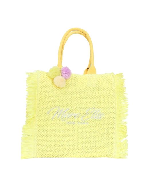 Marc Ellis Yellow Gelbe strandtasche mit fransen und pom poms