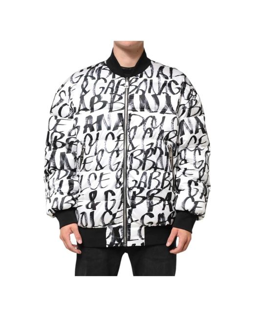 Dolce & Gabbana Jassen ,Wit ,Polyester Graffiti Logo Puffer Bomber Jacket in het Black voor heren