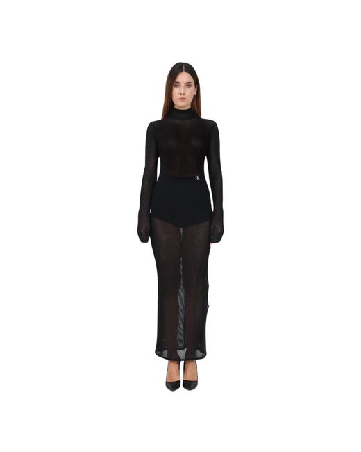 Calvin Klein Black Schwarzes transparentes kleid mit hochgeschlossenem kragen und seitenschlitz