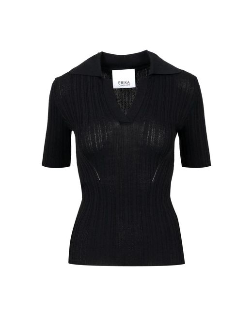 Polo nero in cotone con scollo a v di Erika Cavallini Semi Couture in Black
