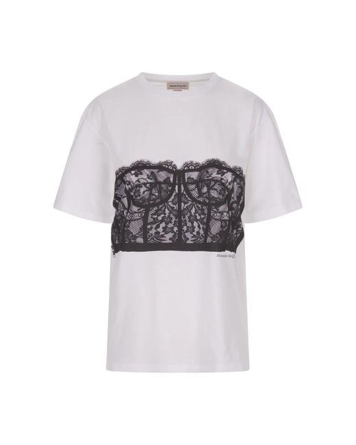 Alexander McQueen White Es T-Shirt mit Spitzen-Korsett-Print von