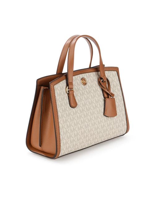 Michael Kors Natural Elfenbein und braun vegane lederhandtasche mit monogramm