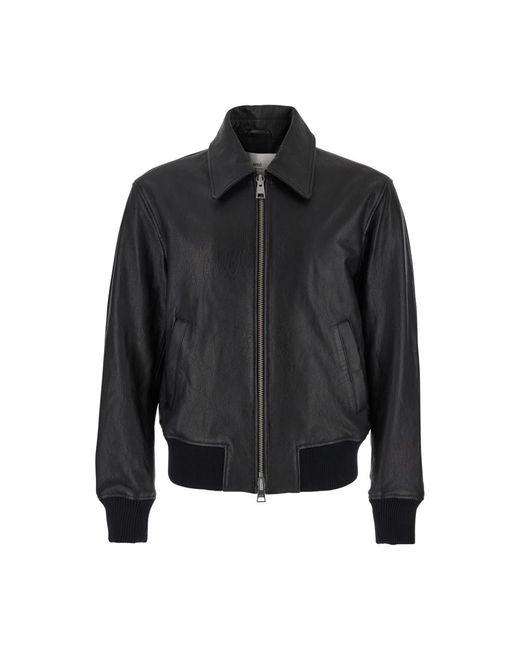 AMI Black Leather Jacket With Classic Collar And Adc Logo Embroidery Detail for men
