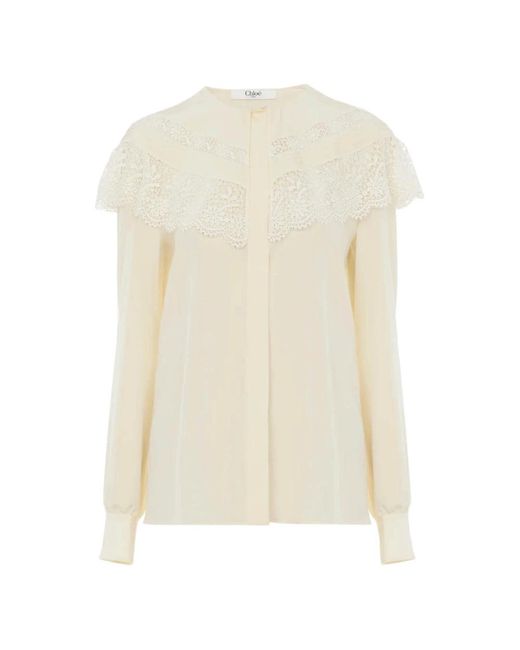 Chloé Overhemden ,Wit ,Witte Zijden Blouse Met Kantdetails in het White