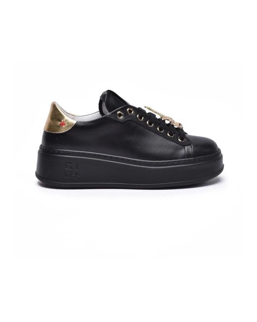 GIO+ Schoenen ,Zwart ,Leer Leren Sneakers Met 4Cm Rubberen Zool in het Black