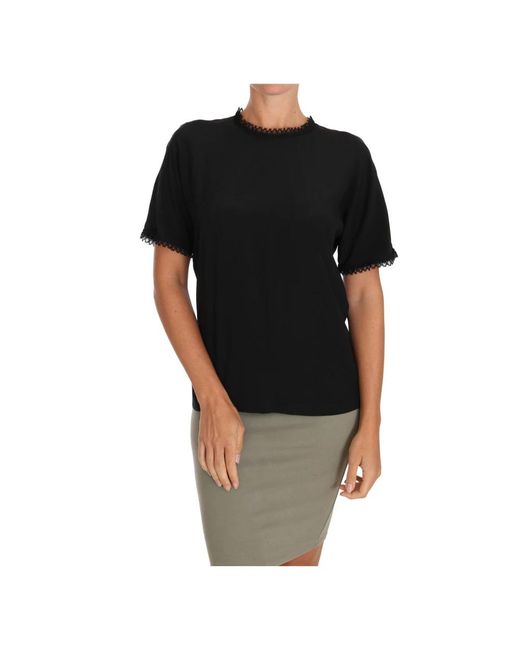 Dolce & Gabbana Black Schwarzes Blusen-T-Shirt aus Seide mit Spitze