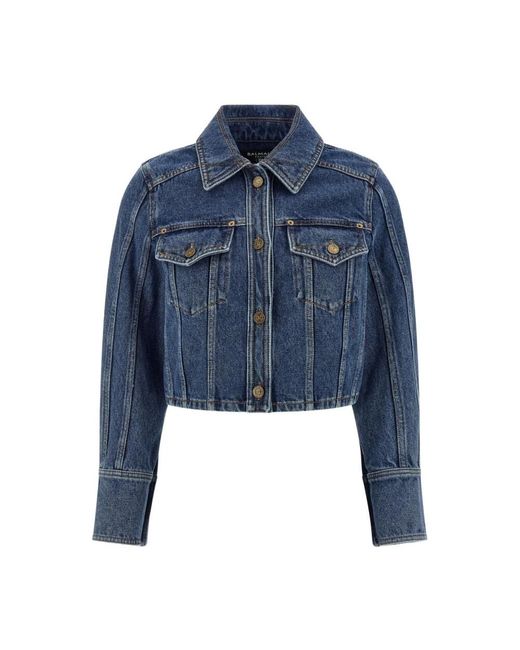 Balmain Jassen ,Blauw ,Denim Cropped Denim Jack Met Faded Effect in het Blue