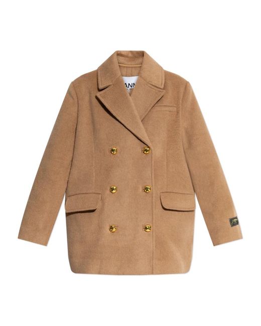 Ganni Double-Faced Wool Double-Breasted Blazer in het Brown
