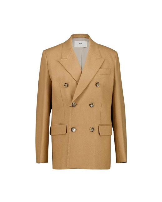 AMI Jassen ,Bruin ,Wol Camelkleurige Oversized Jas Van Wol Met Dubbele Rij Knopen in het Natural