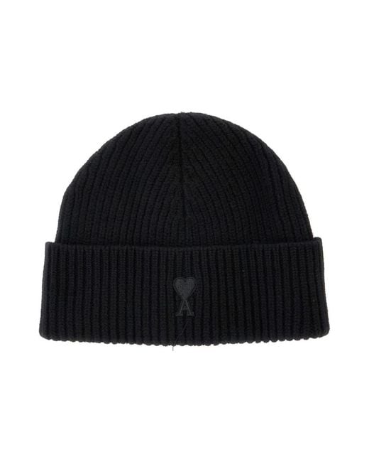 AMI Zwarte Gebreide Logo Wol Hoed in het Black