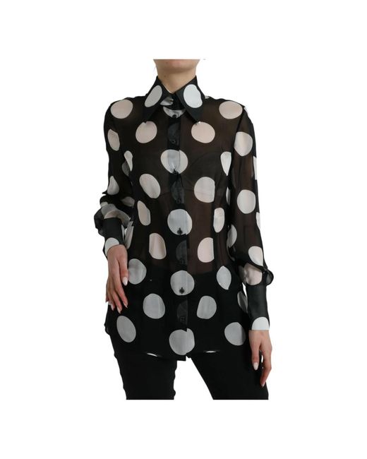 Blusa de seda con cuello y botones en blanco y negro Dolce & Gabbana de color Black